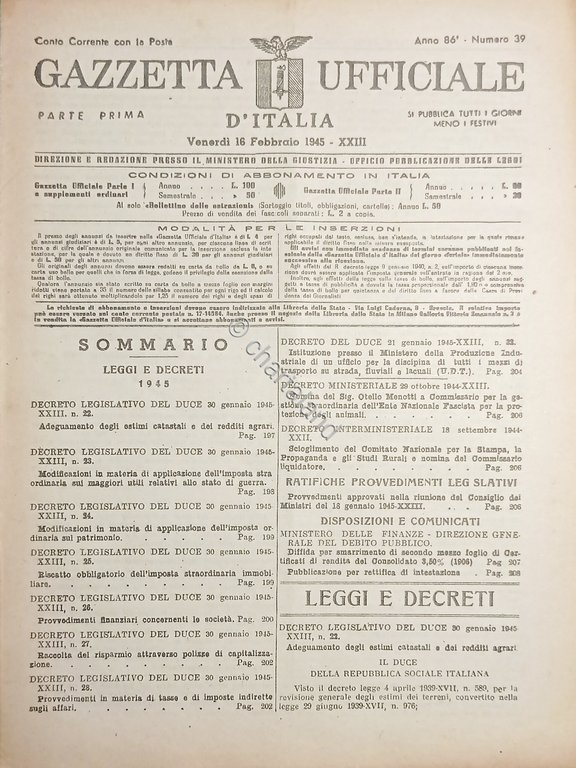 RSI Gazzetta Ufficiale d'Italia N. 39 - 1945 | Immagine Gallery 2