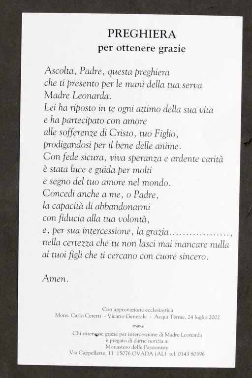 Santino Venerabile Madre Maria Leonarda Gesù Crocefisso Monaca Passionista 1953