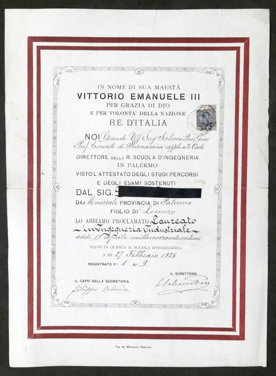 Scuola d'Ingegneria di Palermo - Diploma di Laurea Ingegneria Industriale - 1925