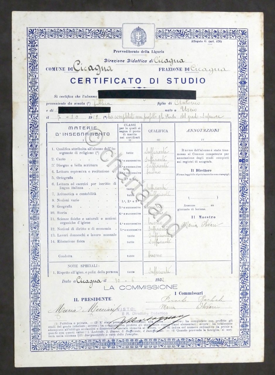 Scuola di Cicagna - Certificato di Studio di grado superiore …