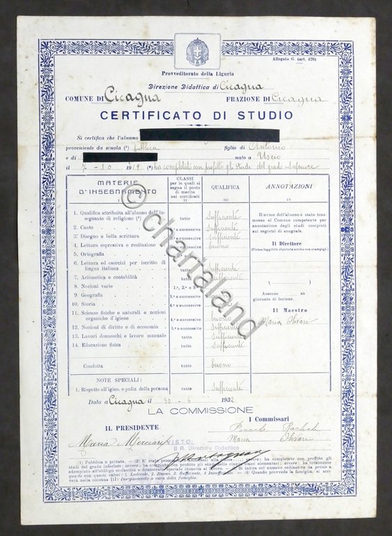 Scuola di Cicagna - Certificato di Studio di grado superiore …