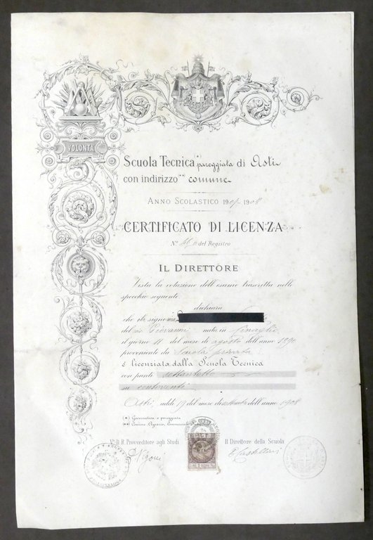 Scuola Tecnica di Asti - Certificato di Licenza - Anno scolastico 1907 - 1908