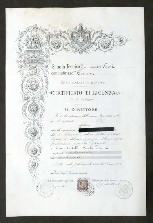 Scuola Tecnica di Asti - Certificato di Licenza - Anno scolastico 1909 - 1910