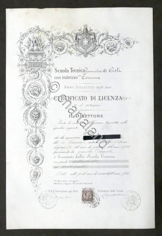 Scuola Tecnica di Asti - Certificato di Licenza - Anno …