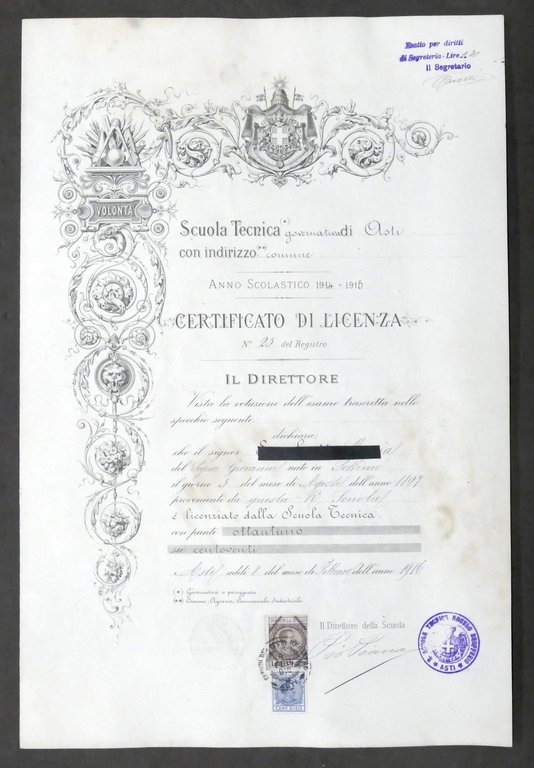 Scuola Tecnica di Asti - Certificato di Licenza - Anno scolastico 1914 - 1915 