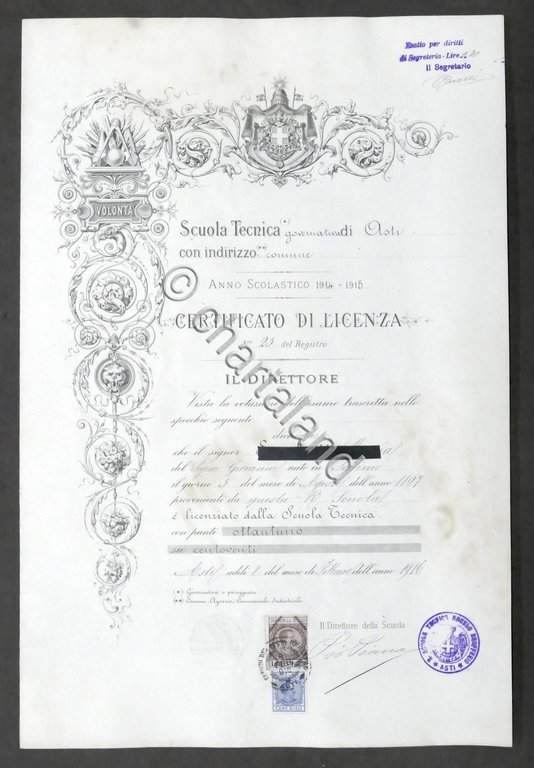 Scuola Tecnica di Asti - Certificato di Licenza - Anno …