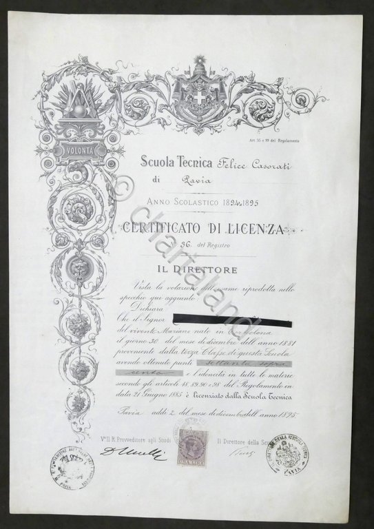Scuola Tecnica Felice Casorati di Pavia - Certificato di Licenza 1894 - 1895