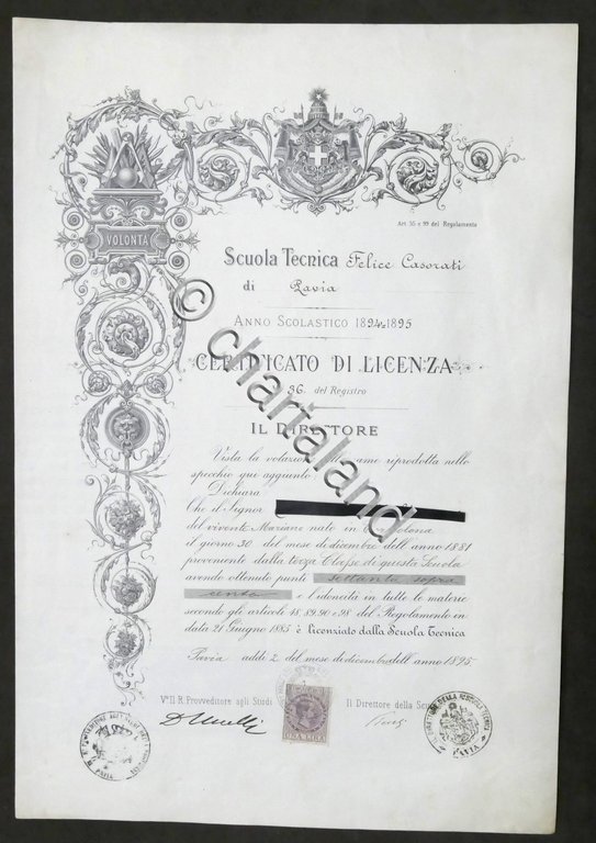 Scuola Tecnica Felice Casorati di Pavia - Certificato di Licenza …