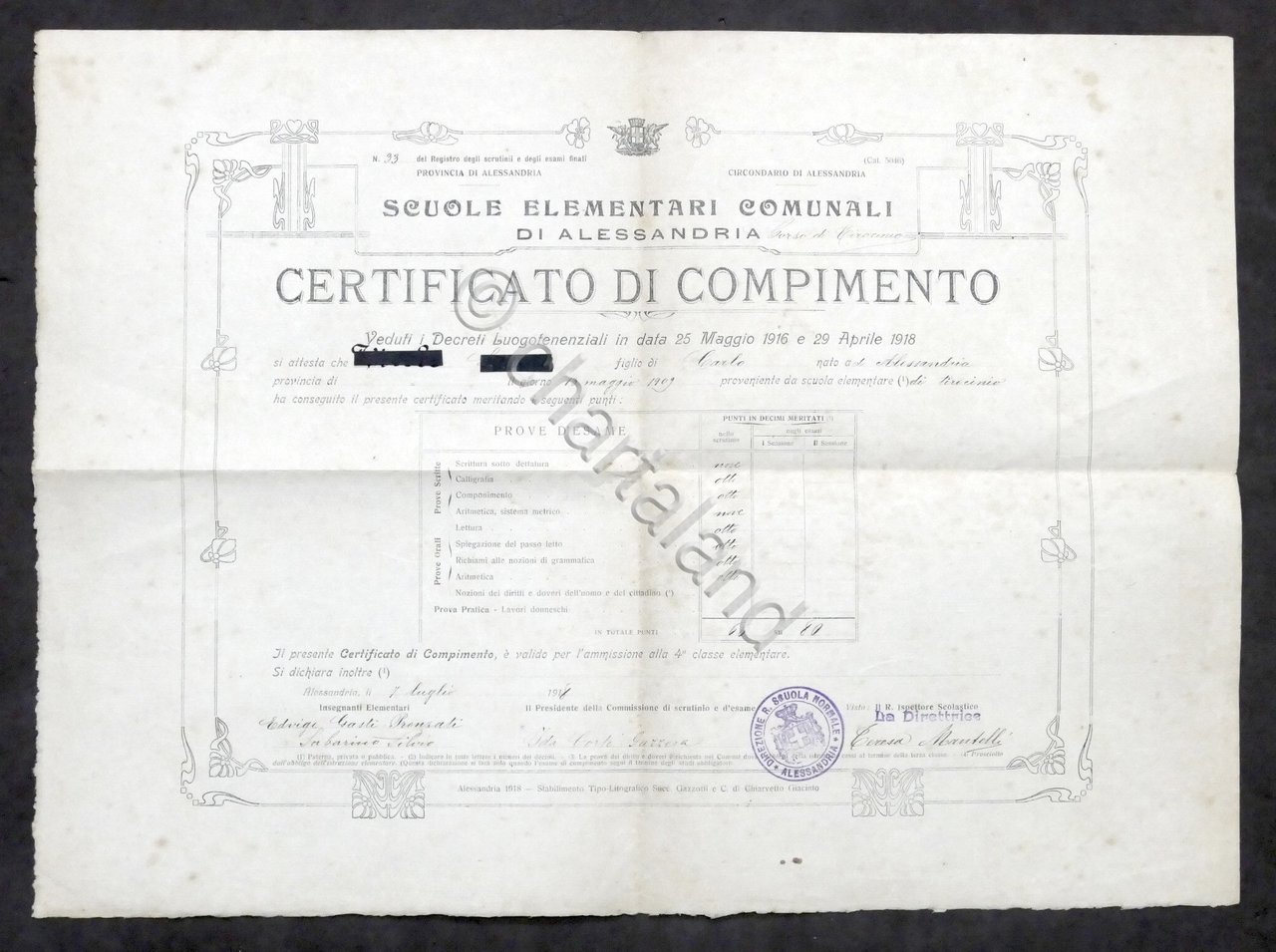 Scuole Elementari Comunali di Alessandria - Certificato di Compimento - …