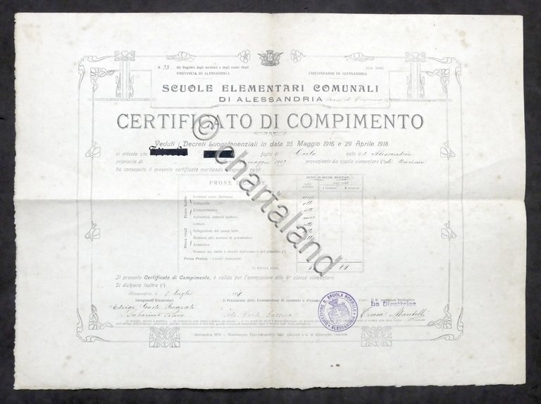 Scuole Elementari Comunali di Alessandria - Certificato di Compimento - …