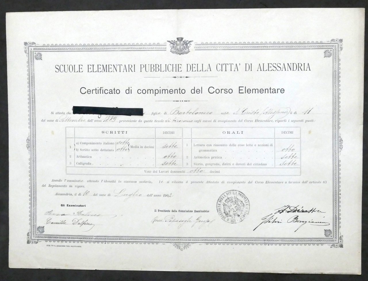 Scuole Elementari di Alessandria - Certificato Compimento Corso Elementare 1902