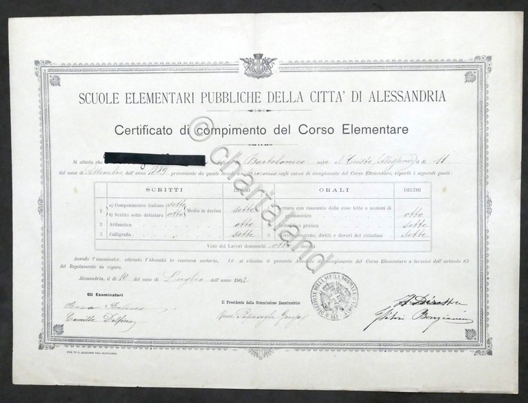 Scuole Elementari di Alessandria - Certificato Compimento Corso Elementare 1902