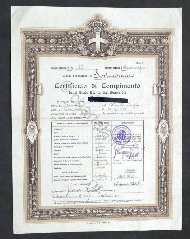 Scuole Elementari di Portacomaro - Certificato di Compimento Studi - …