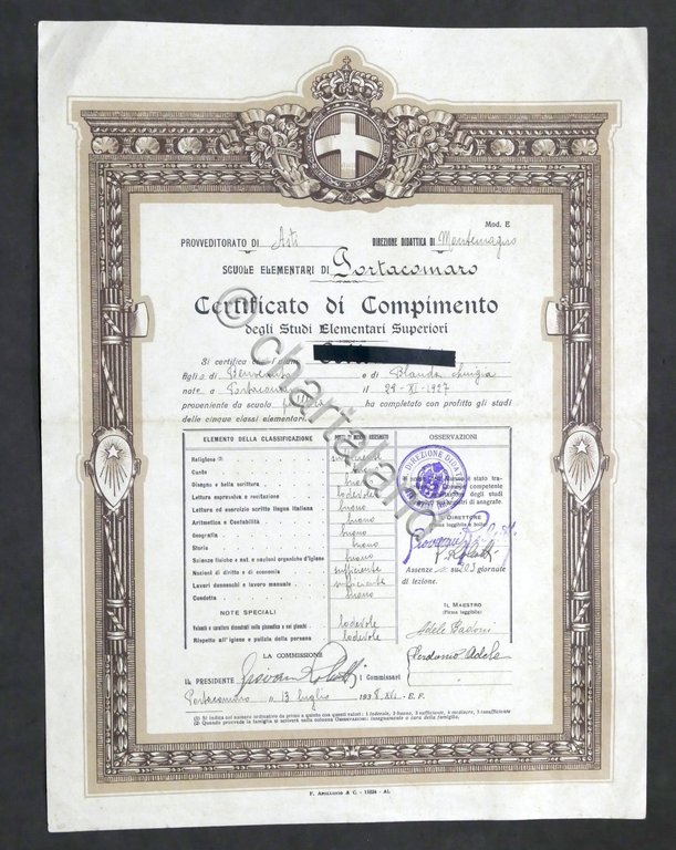 Scuole Elementari di Portacomaro - Certificato di Compimento Studi - …