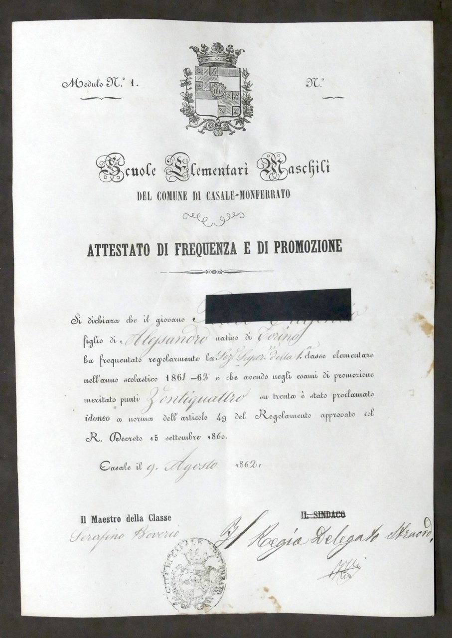 Scuole Elementari Maschili di Casale Monferrato - Attestato di promozione …