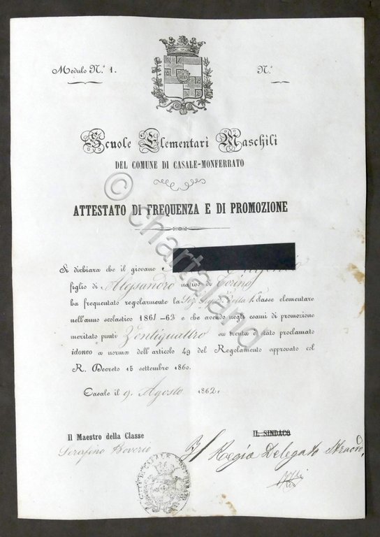 Scuole Elementari Maschili di Casale Monferrato - Attestato di promozione …
