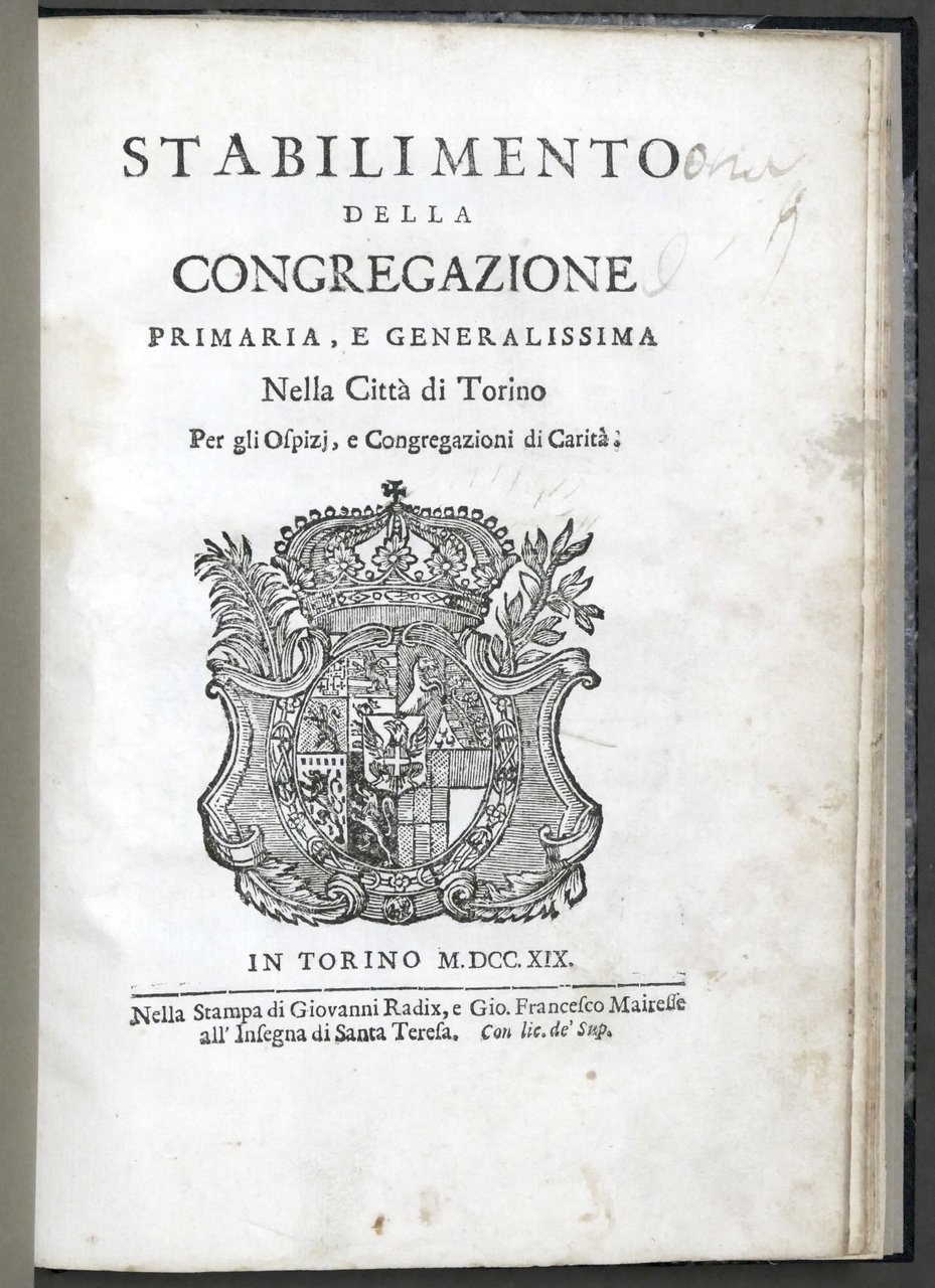 Settecentina - Stabilimento congregazione primaria città di Torino - 1^ …