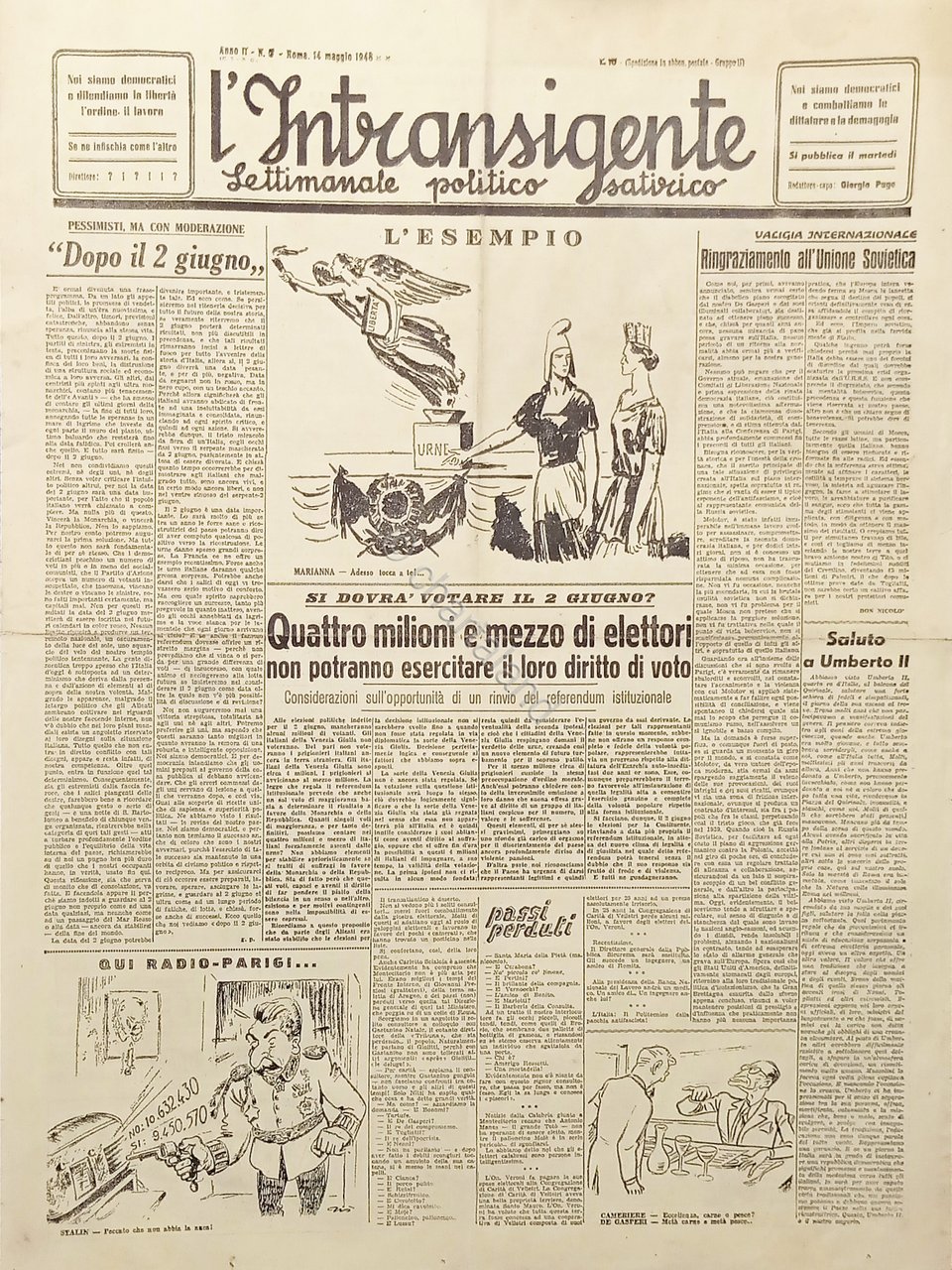 Settimanale - L'Intransigente N. 5 - Ringraziamento all'Unione Sovietica - …