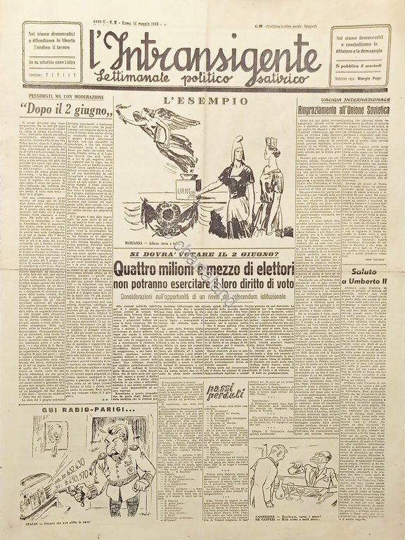Settimanale - L'Intransigente N. 5 - Ringraziamento all'Unione Sovietica - …