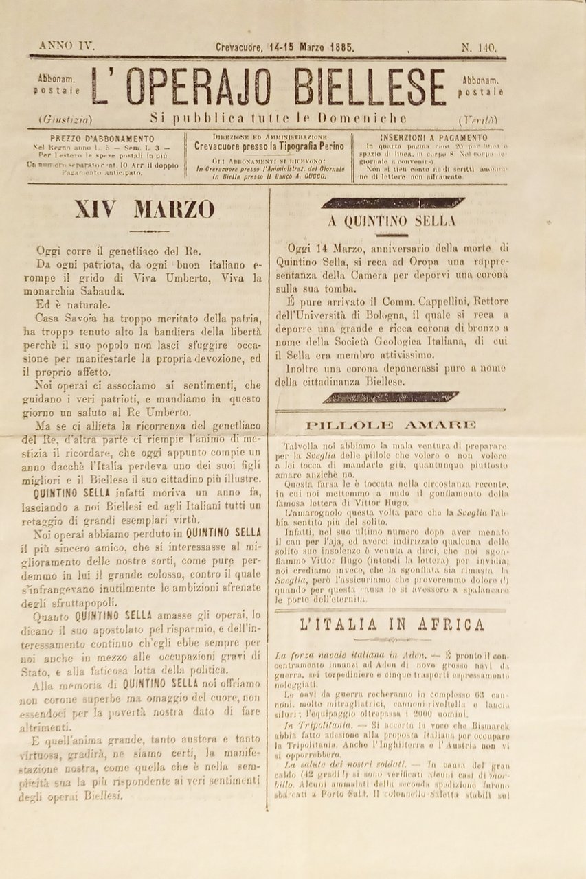 Settimanale - L'Operaio Biellese N. 140 - 1885 L'Italia in … | Immagine principale