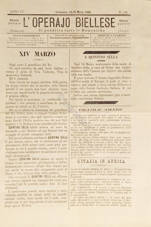 Settimanale - L'Operaio Biellese N. 140 - 1885 L'Italia in … | Immagine Gallery 2