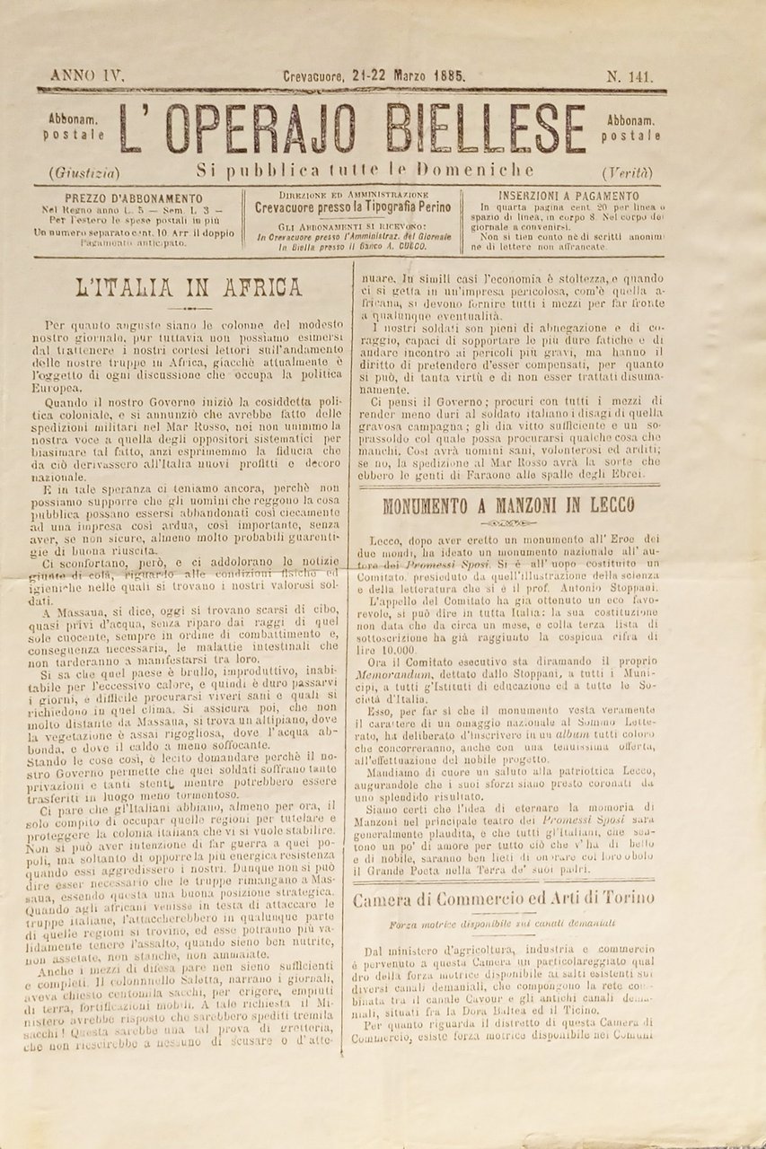Settimanale - L'Operaio Biellese N. 141 - 1885 Monumento a …