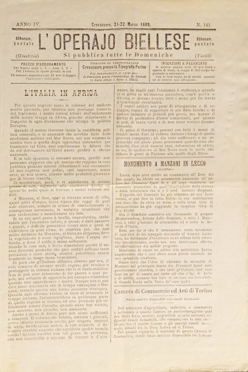 Settimanale - L'Operaio Biellese N. 141 - 1885 Monumento a Manzoni in Lecco