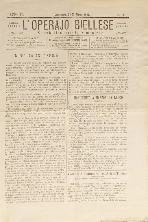Settimanale - L'Operaio Biellese N. 141 - 1885 Monumento a …
