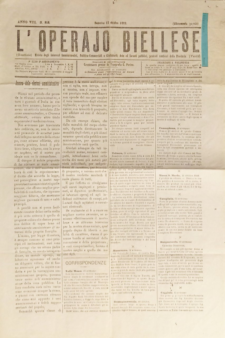 Settimanale - L'Operaio Biellese N. 252 - 1889 Elezioni amministrative | Immagine principale