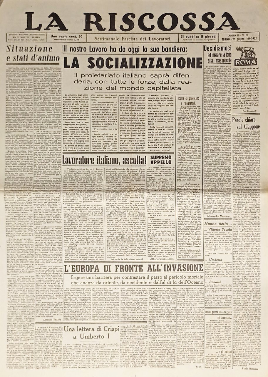 Settimanale RSI - La Riscossa N. 26 - 1944 Il … | Immagine principale