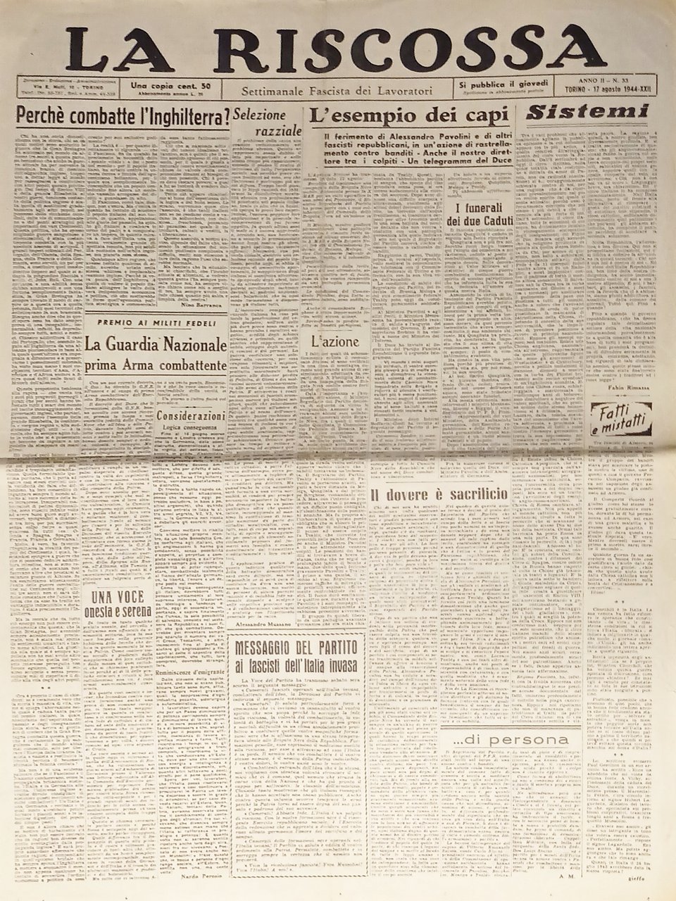 Settimanale RSI - La Riscossa N. 33 - 1944 Perchè …