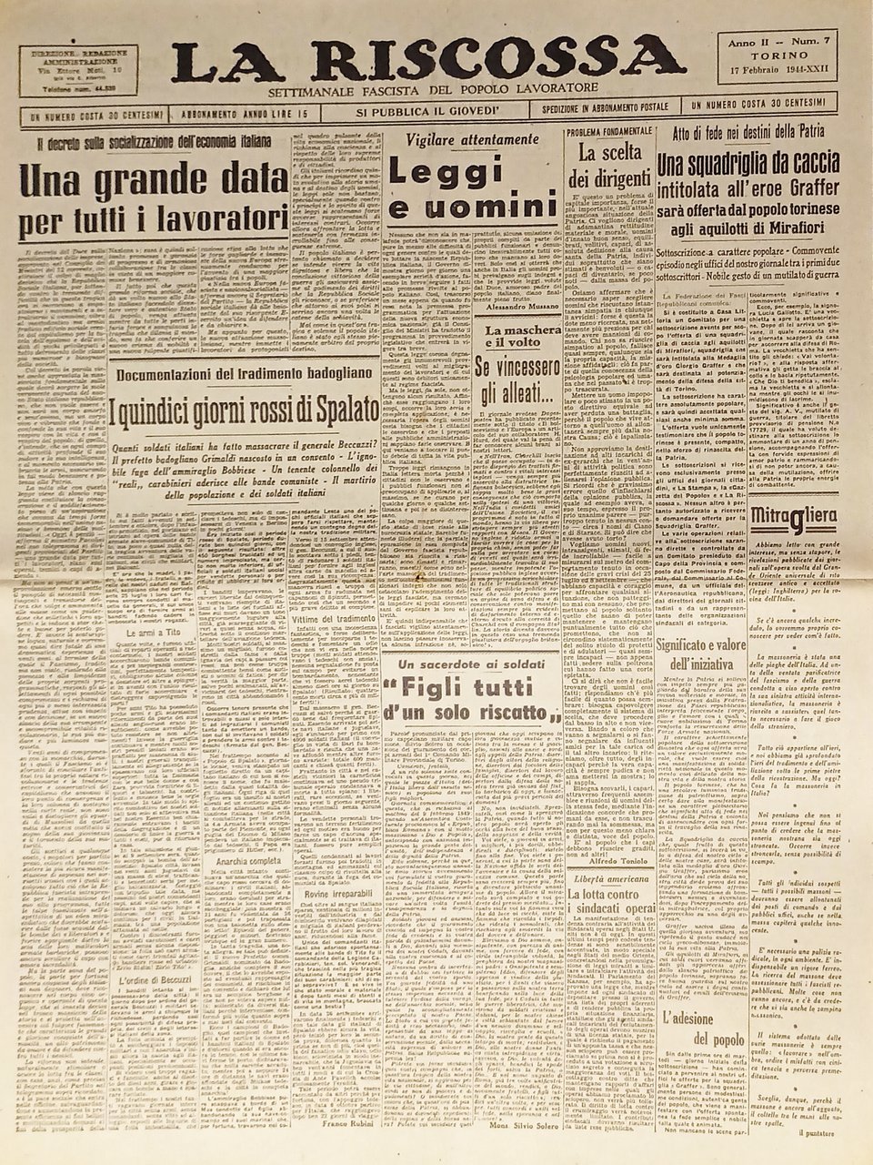 Settimanale RSI - La Riscossa N. 7 - 1944 I … | Immagine principale