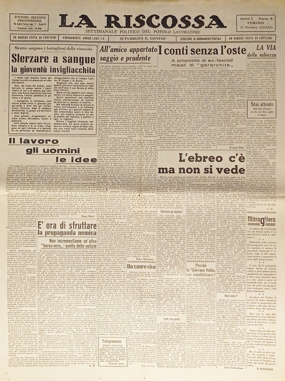 Settimanale RSI - La Riscossa N. 8 - 1943 L'ebreo …