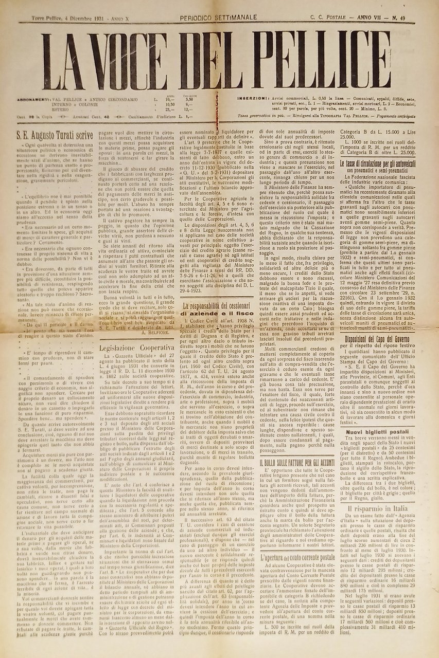 Settimanale - La Voce del Pellice N. 49 - 1931 … | Immagine principale