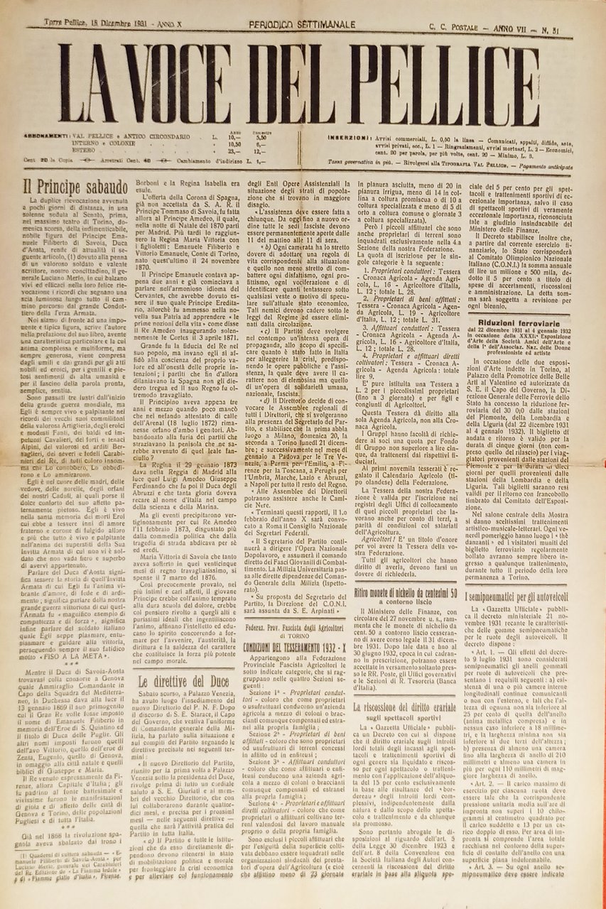 Settimanale - La Voce del Pellice N. 51 - 1931 … | Immagine principale