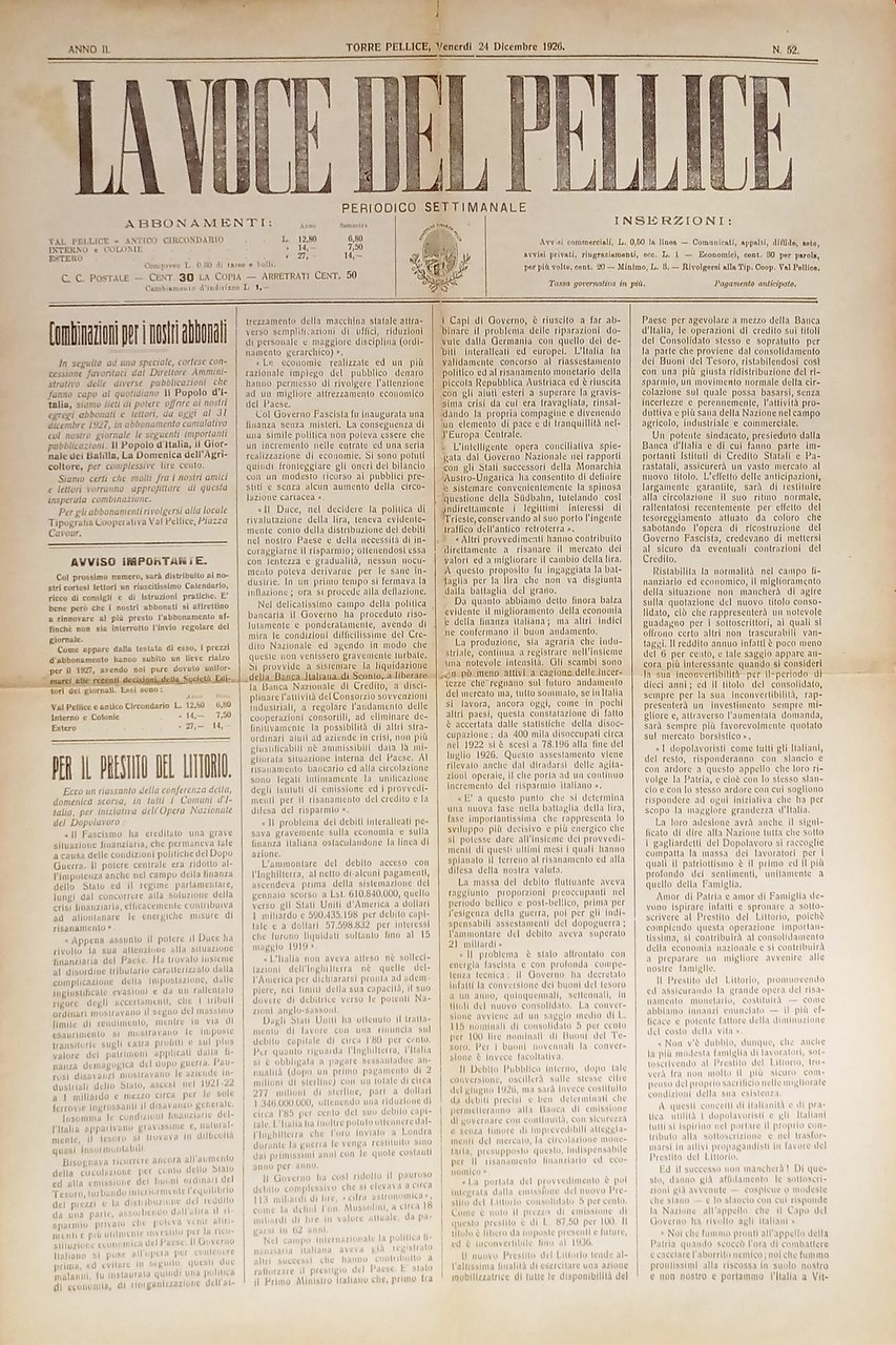 Settimanale - La Voce del Pellice N. 52 - 1926 … | Immagine principale