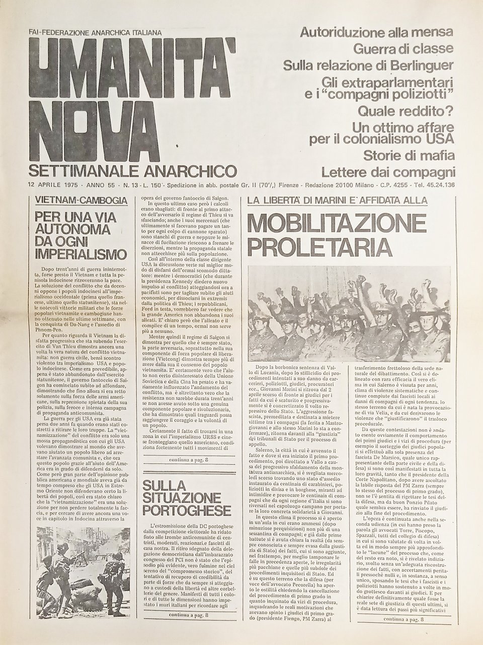 Settimanale Anarchico - Umanità Nova N. 13 - Mobilitazione Proletaria …