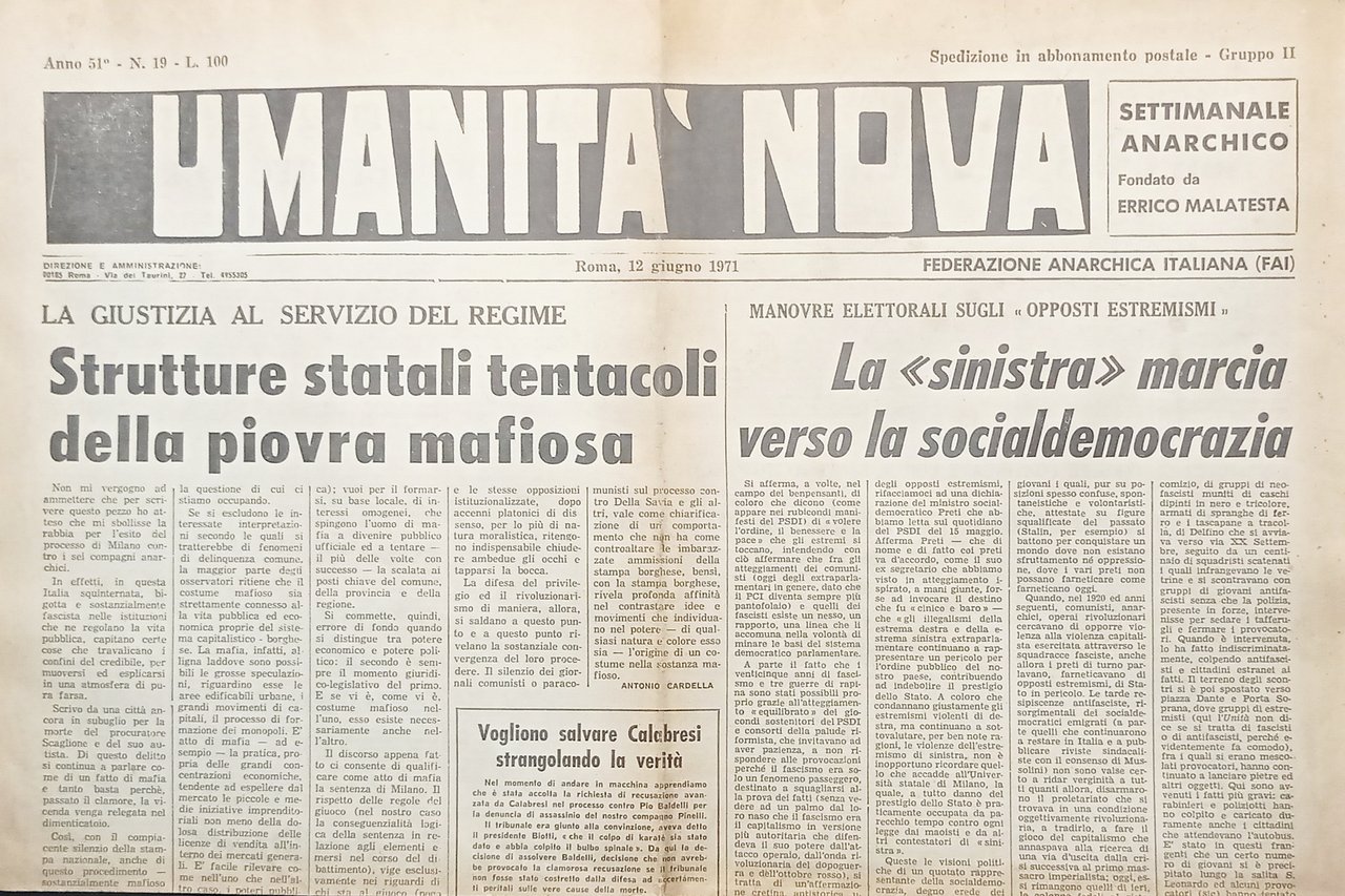 Settimanale Anarchico - Umanità Nova N. 19 - Giustizia del …