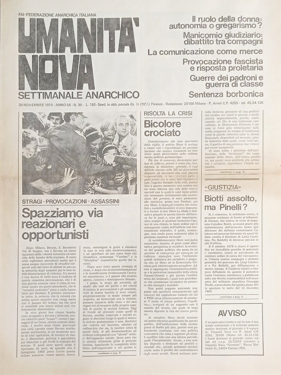 Settimanale Anarchico - Umanità Nova N. 39 - Risolta la …