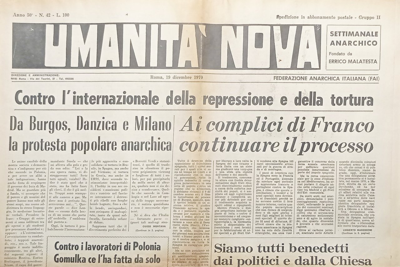 Settimanale Anarchico - Umanità Nova N. 42 - Contro i …