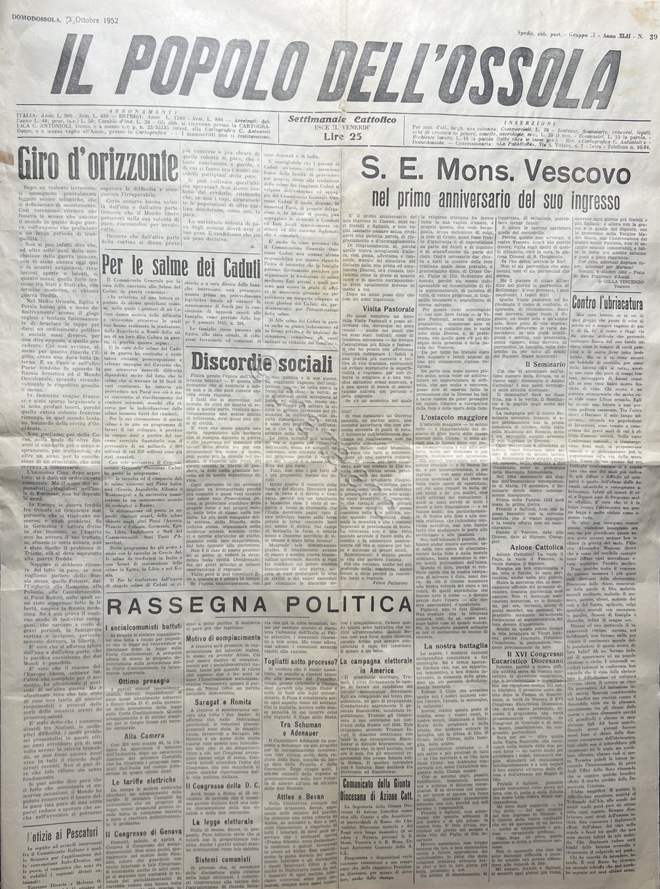 Settimanale Cattolico - Il Popolo dell'Ossola N. 39 - 1952 …