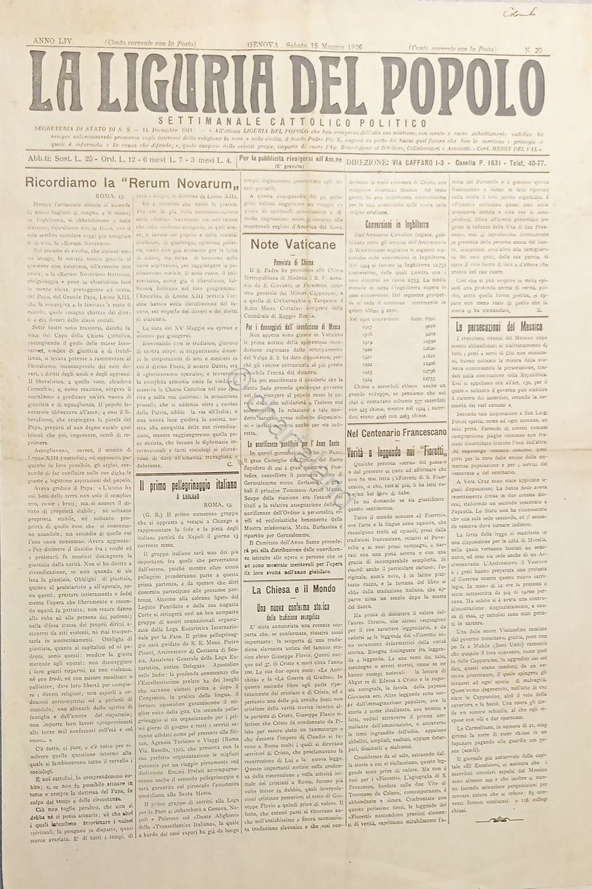 Settimanale Cattolico - La Liguria del Popolo N. 20 Ricordo …