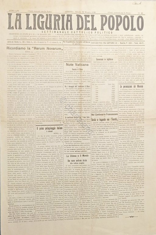 Settimanale Cattolico - La Liguria del Popolo N. 20 Ricordo … | Immagine Gallery 1