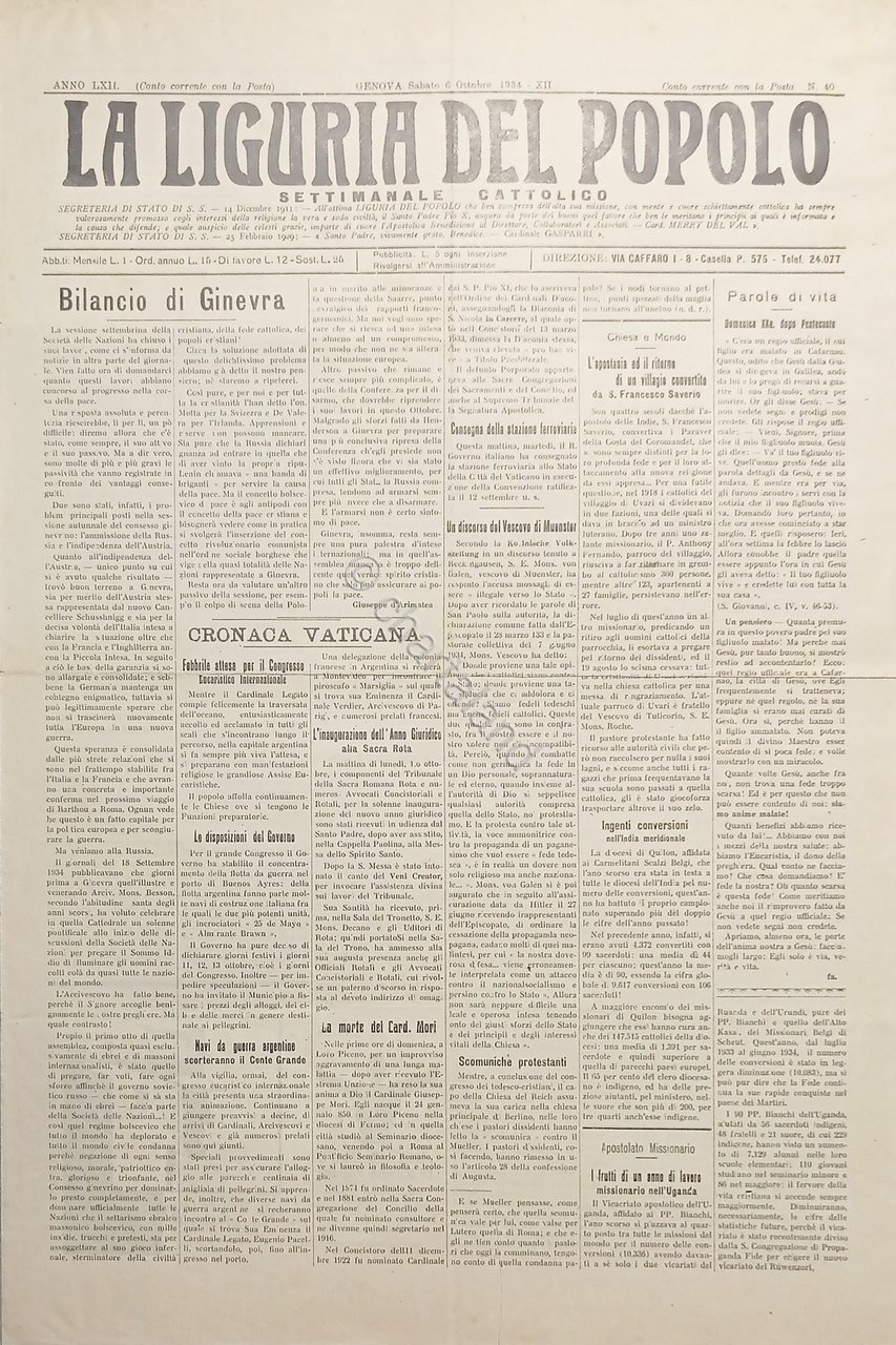 Settimanale Cattolico - La Liguria del Popolo N. 40 - …