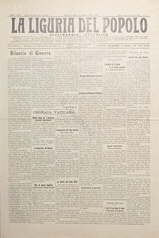 Settimanale Cattolico - La Liguria del Popolo N. 40 - Bilancio di Ginevra - 1934