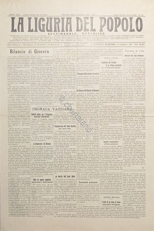 Settimanale Cattolico - La Liguria del Popolo N. 40 - …