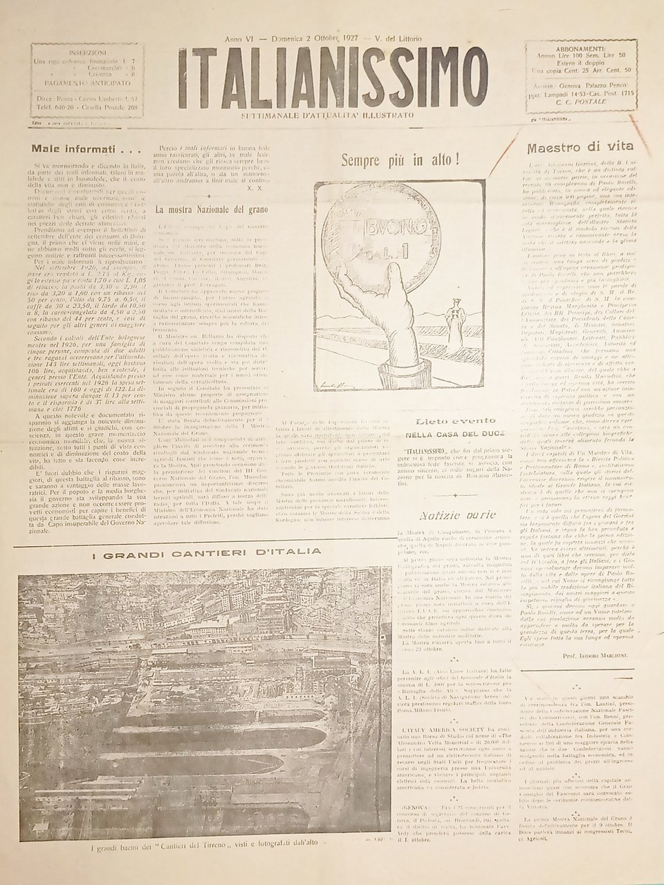 Settimanale d'Attualità Illustrato - Italianissimo - 2 Ottobre 1927 | Immagine principale