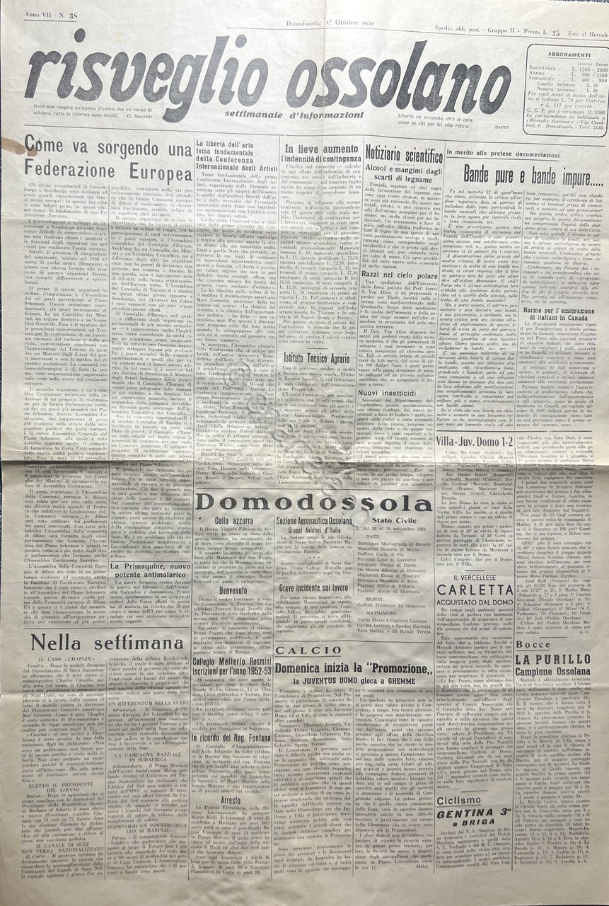 Settimanale d'Informazioni - Risveglio Ossolano N. 38 - 1952