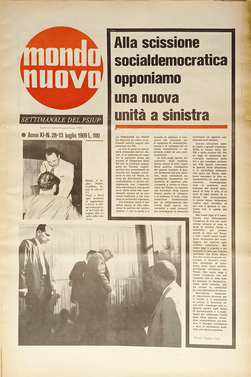 Settimanale del P.S.I.U.P. - Mondo Nuovo n. 28 - 1969 …