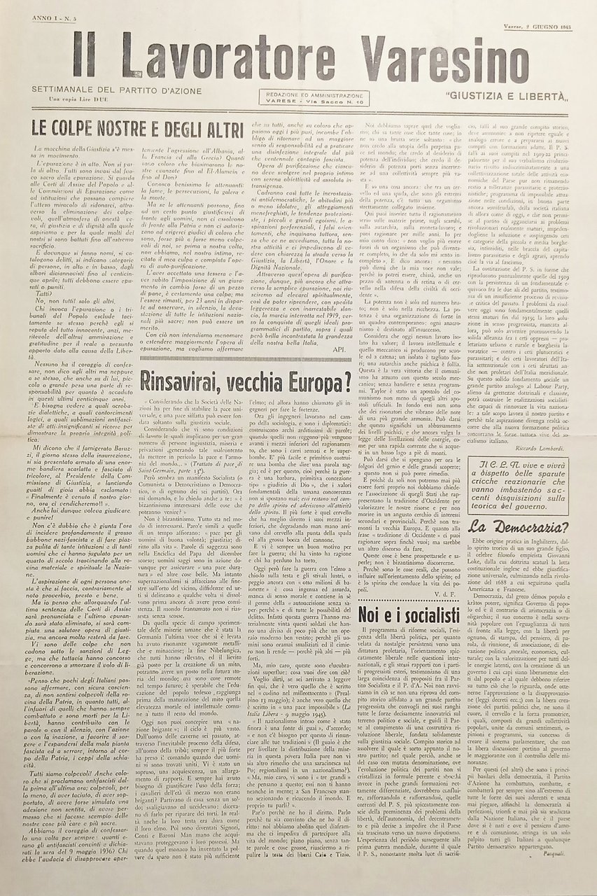 Settimanale Partito d'Azione Varese Il Lavoratore Varesino N. 5 - …